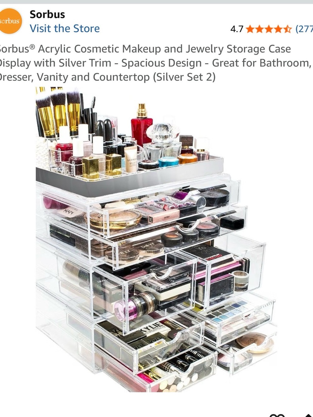 Clear Acrylic Makeup & Jewelry Organizer with Silver Trim (Clear)